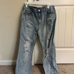 Nasty Gal Blue Straight Leg Jeans with Distressed Details